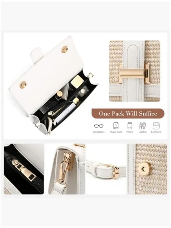 Vegan Leather Patchwork Straw Crossbody Bag with Top Handle - Picture 3 of 5